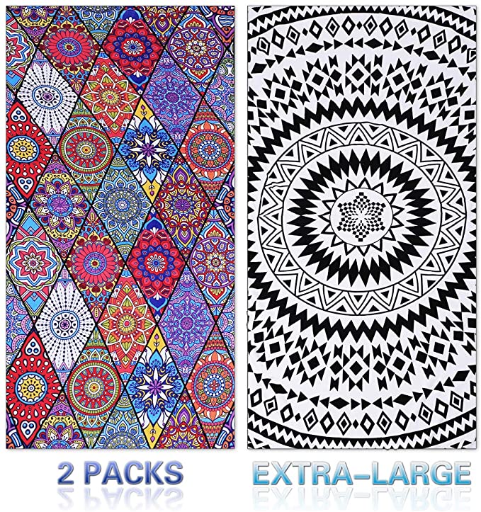 Fuklindy 2 Pack Oversized Beach Towel Clearance , Extra Large Fast Quick Dry Sand Free Proof Mat Travel Stuff Cool Pool Microfiber Towel for Adults Men Women Mom Dad Funny Gift , 74"x36"-Boho Stripe