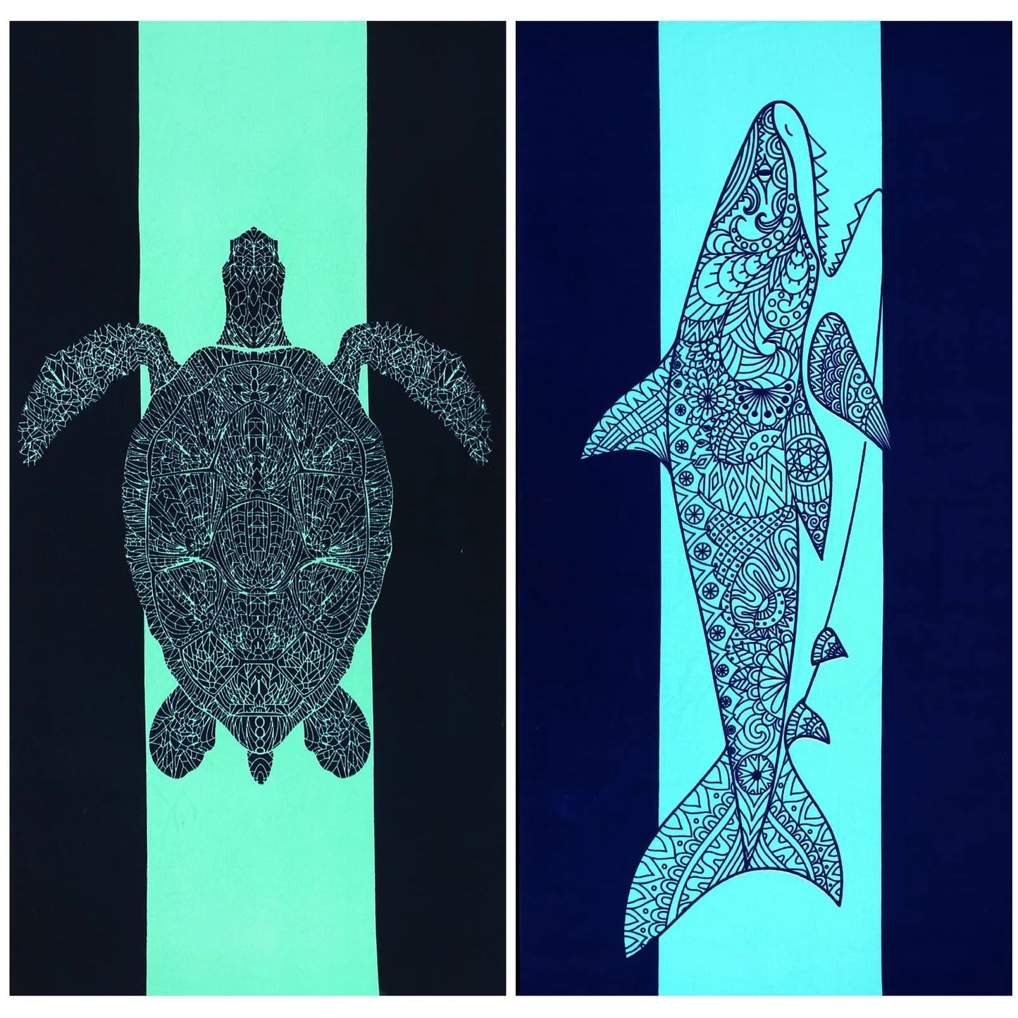 Fuklindy 2 Pack Oversized Beach Towel Set, Extra Large Long XL Microfiber Pool Swim Towels, Quick Dry Super Absorbent Sandless Travel Towels Blanket Bluk, Adult Men Vacation Essentials ,74"x36"- Shark Turtle