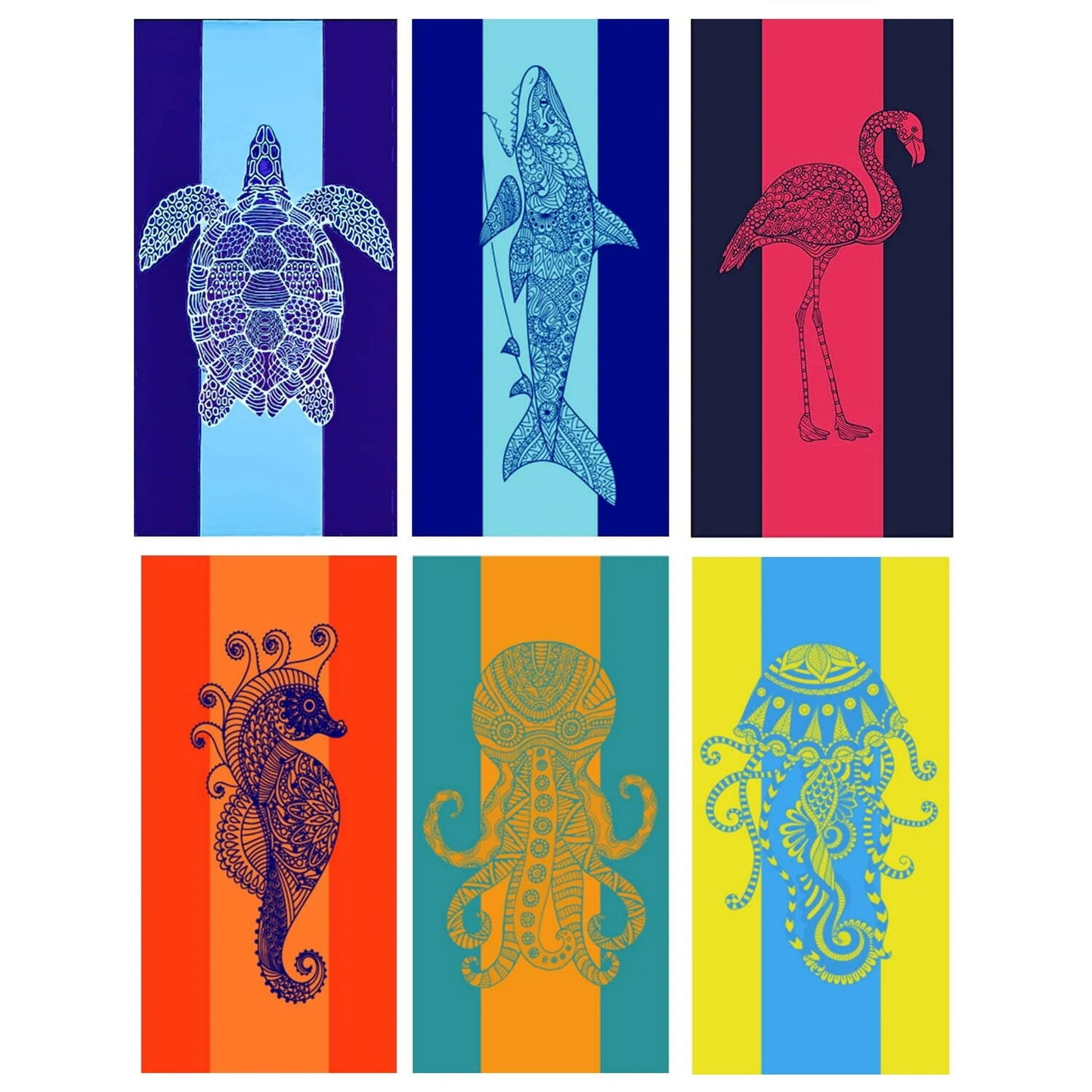Genovega 4PCS Microfiber Soft Beach Towel Oversized 72" x 36" Extra Large XL Pool Blanket Set Sand Free Mat , Travel Swim Quick Dry Towels Sand proof Bulk Camp Gift for Women Men Adults Blue Shark Flamingo