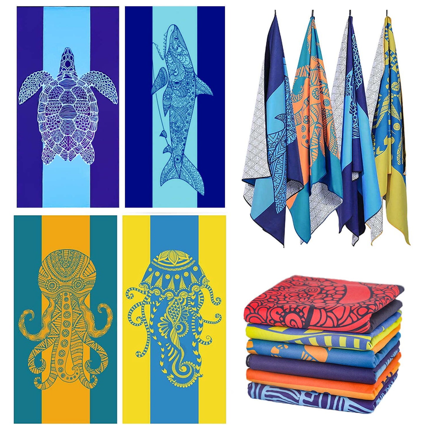 Genovega 4PCS Microfiber Soft Beach Towel Oversized 72" x 36" Extra Large XL Pool Blanket Set Sand Free Mat , Travel Swim Quick Dry Towels Sand proof Bulk Camp Gift for Women Men Adults Blue Shark Flamingo