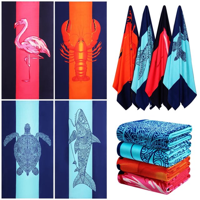 Genovega 4PCS Microfiber Soft Beach Towel Oversized 72" x 36" Extra Large XL Pool Blanket Set Sand Free Mat , Travel Swim Quick Dry Towels Sand proof Bulk Camp Gift for Women Men Adults Blue Shark Flamingo