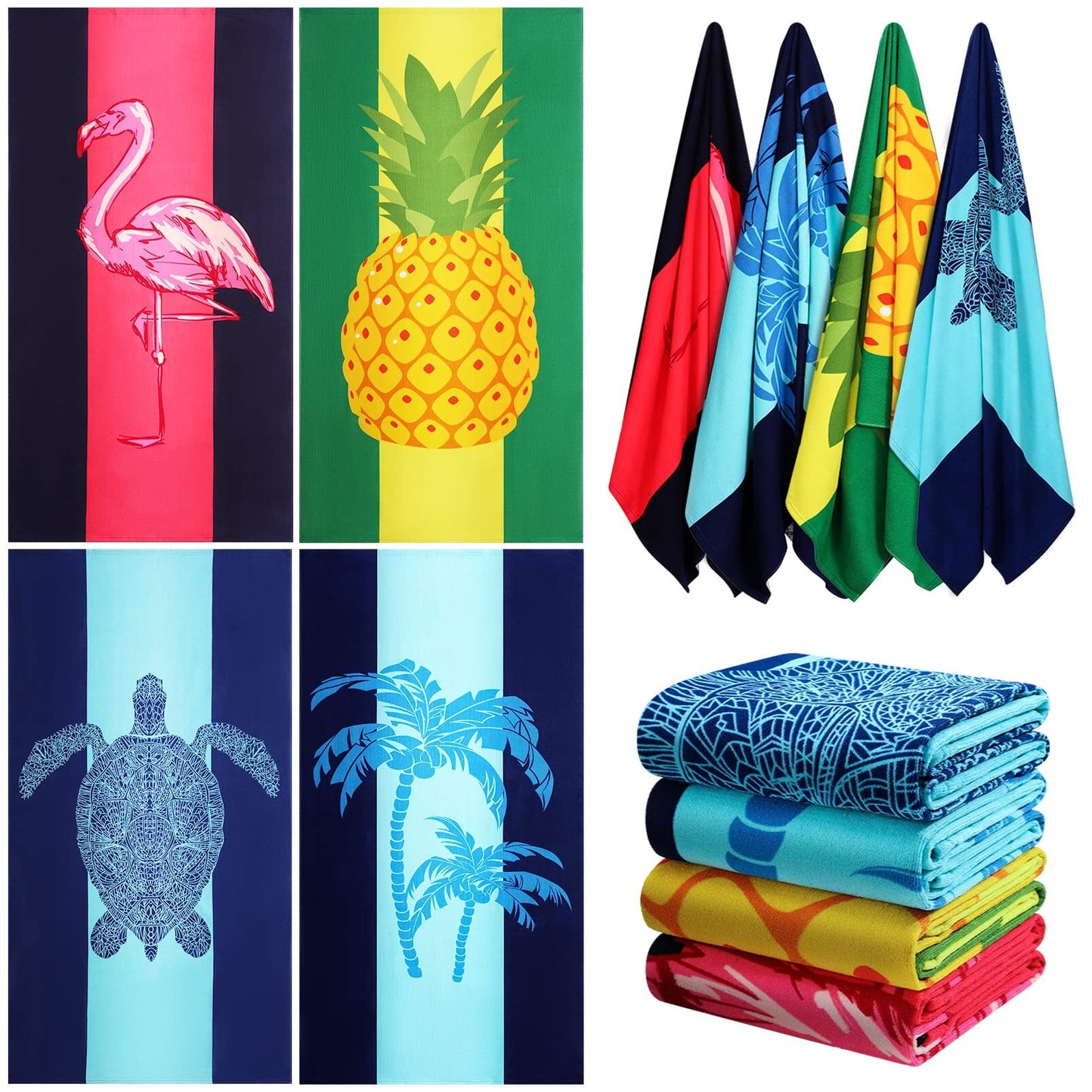 Genovega 4PCS Microfiber Soft Beach Towel Oversized 72" x 36" Extra Large XL Pool Blanket Set Sand Free Mat , Travel Swim Quick Dry Towels Sand proof Bulk Camp Gift for Women Men Adults Blue Shark Flamingo