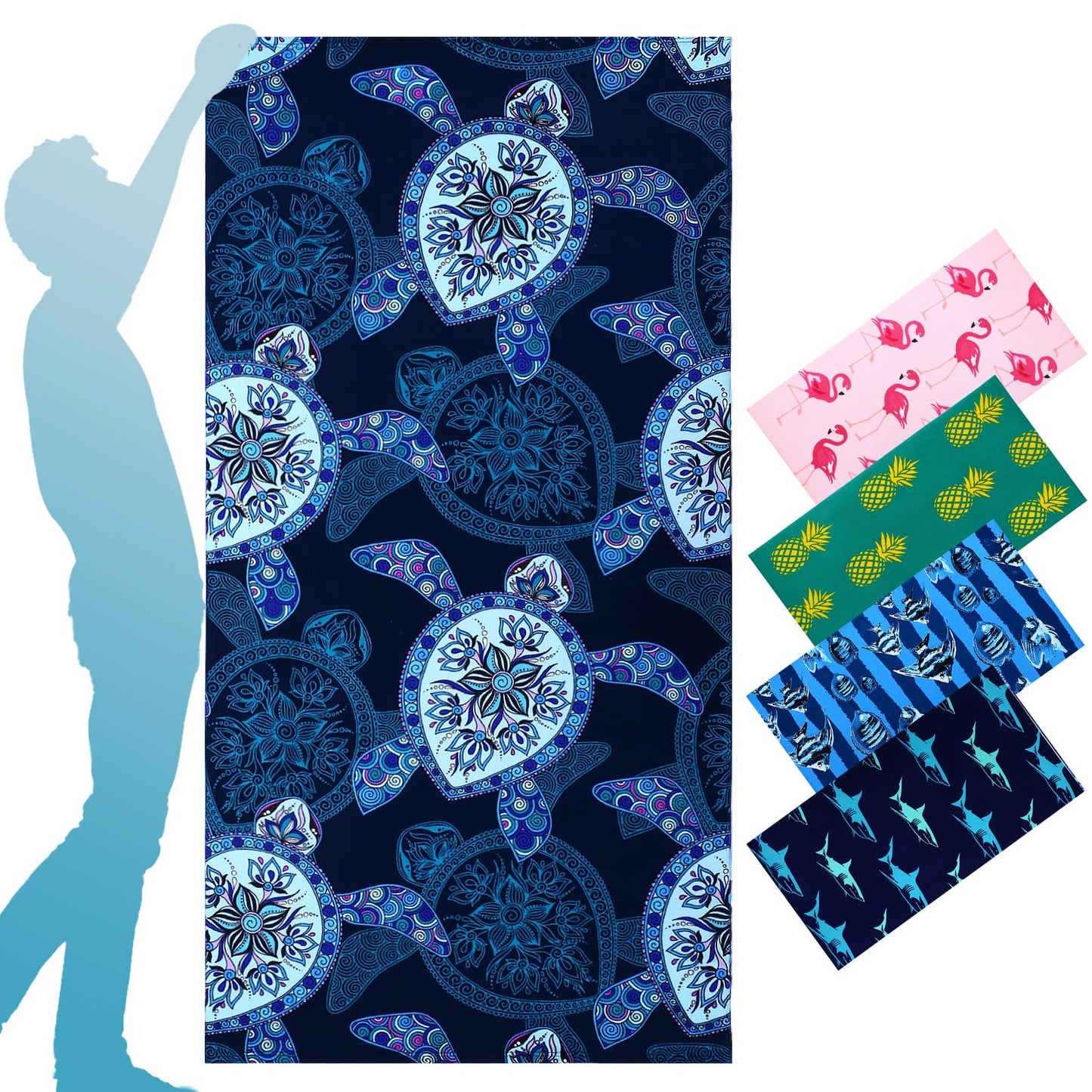 Fuklindy Oversized Terry Beach Towel 36 x 72 in Microfiber Soft Extra Large Long XL Pool Swim Towels,Quick Dry Super Absorbent Sandless Travel Towels Vacation Essentials Lounge Cover Gift - Blue Turtle