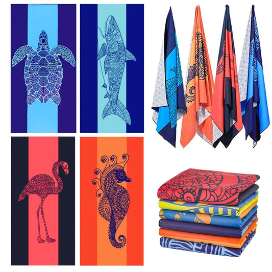 Genovega 4PCS Microfiber Soft Beach Towel Oversized 72" x 36" Extra Large XL Pool Blanket Set Sand Free Mat , Travel Swim Quick Dry Towels Sand proof Bulk Camp Gift for Women Men Adults Blue Shark Flamingo
