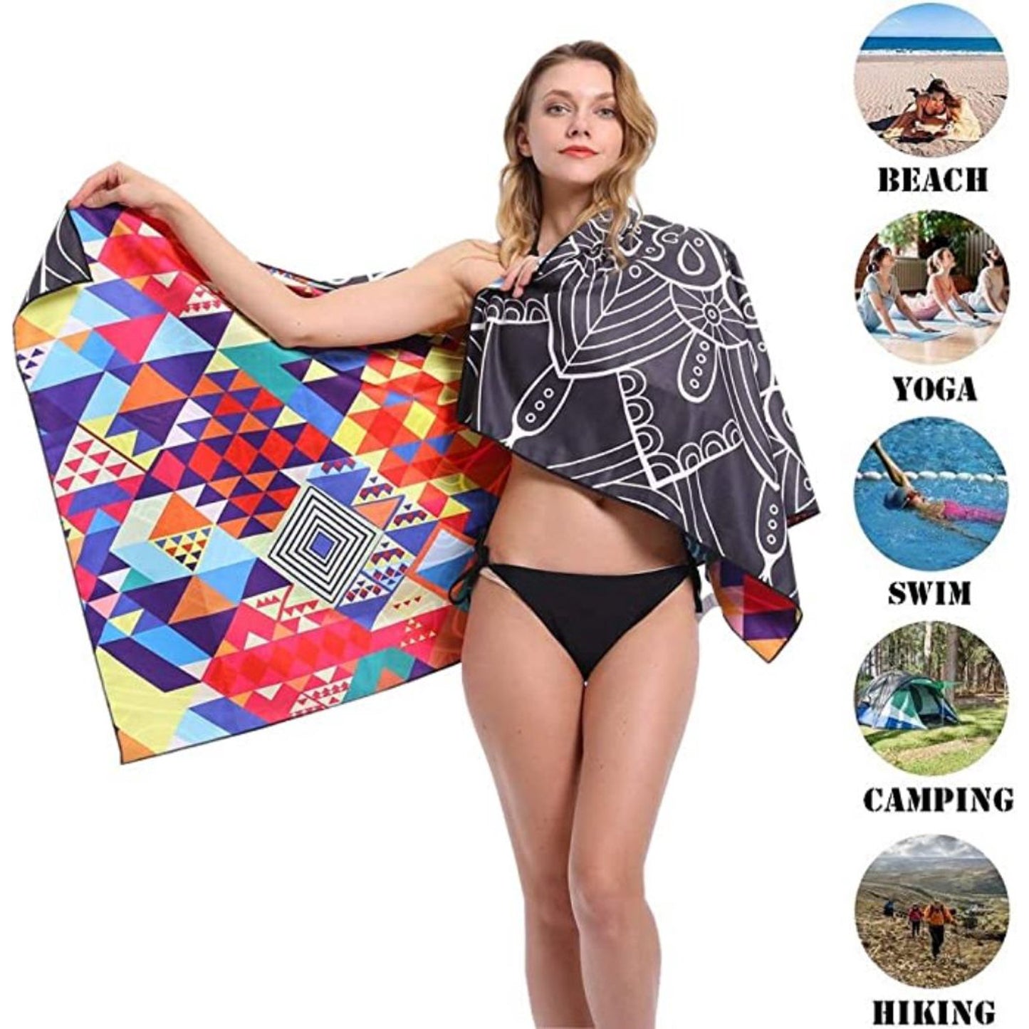 Fuklindy Microfiber Sand Free Beach Towel - 63" x 32" Oversized Quick Dry Travel Towels Super Absorbent Sandless Lightweight , Outdoor Extra Large Big Swim Towel for Adults Women Men - Black Mandala