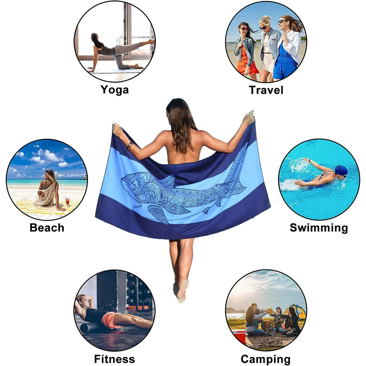 Genovega 4PCS Microfiber Soft Beach Towel Oversized 72" x 36" Extra Large XL Pool Blanket Set Sand Free Mat , Travel Swim Quick Dry Towels Sand proof Bulk Camp Gift for Women Men Adults Blue Shark Flamingo