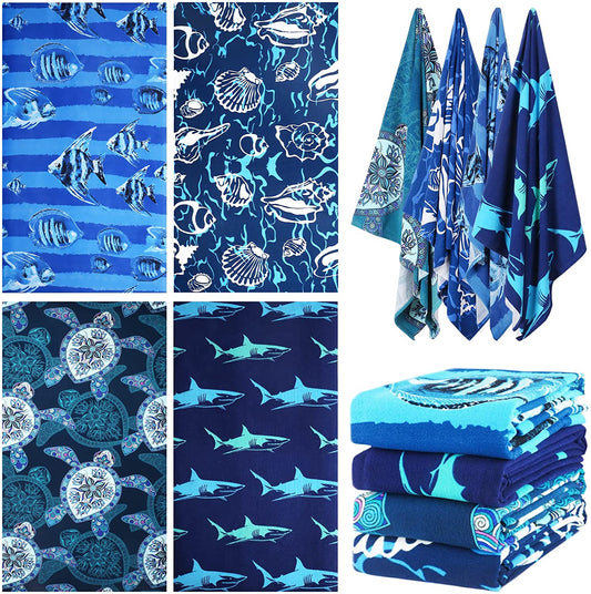 4 Packs Oversized Beach Towel Set, 36 x 72 in XL Extra Large Big Soft Pool Swim Travel Towels Blanket for Adult Women Men Camping Cruise Lounge Cover Gift Shark Turtle