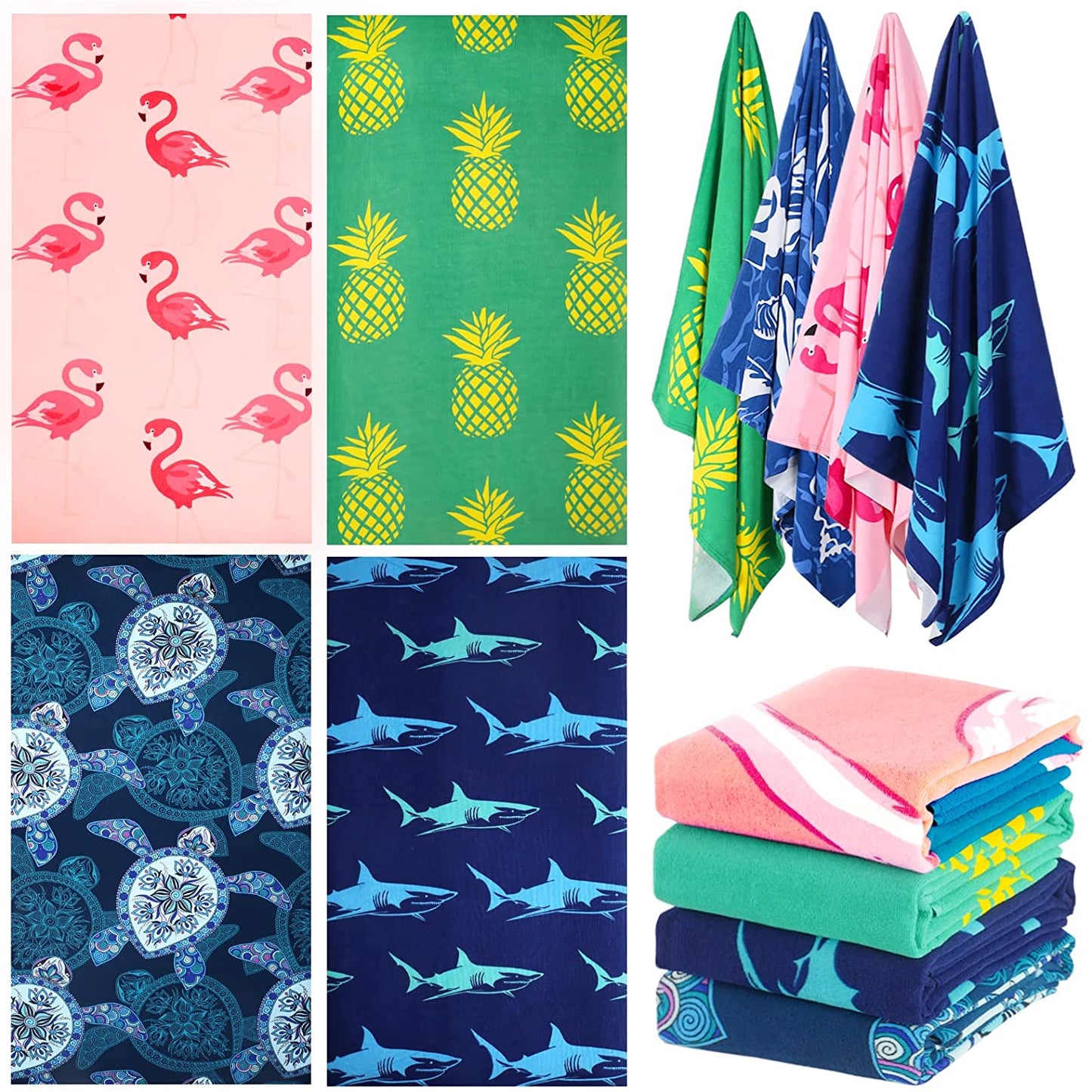 4 Packs Oversized Beach Towel Set, 36 x 72 in XL Extra Large Big Soft Pool Swim Travel Towels Blanket for Adult Women Men Camping Cruise Lounge Cover Gift Shark Turtle