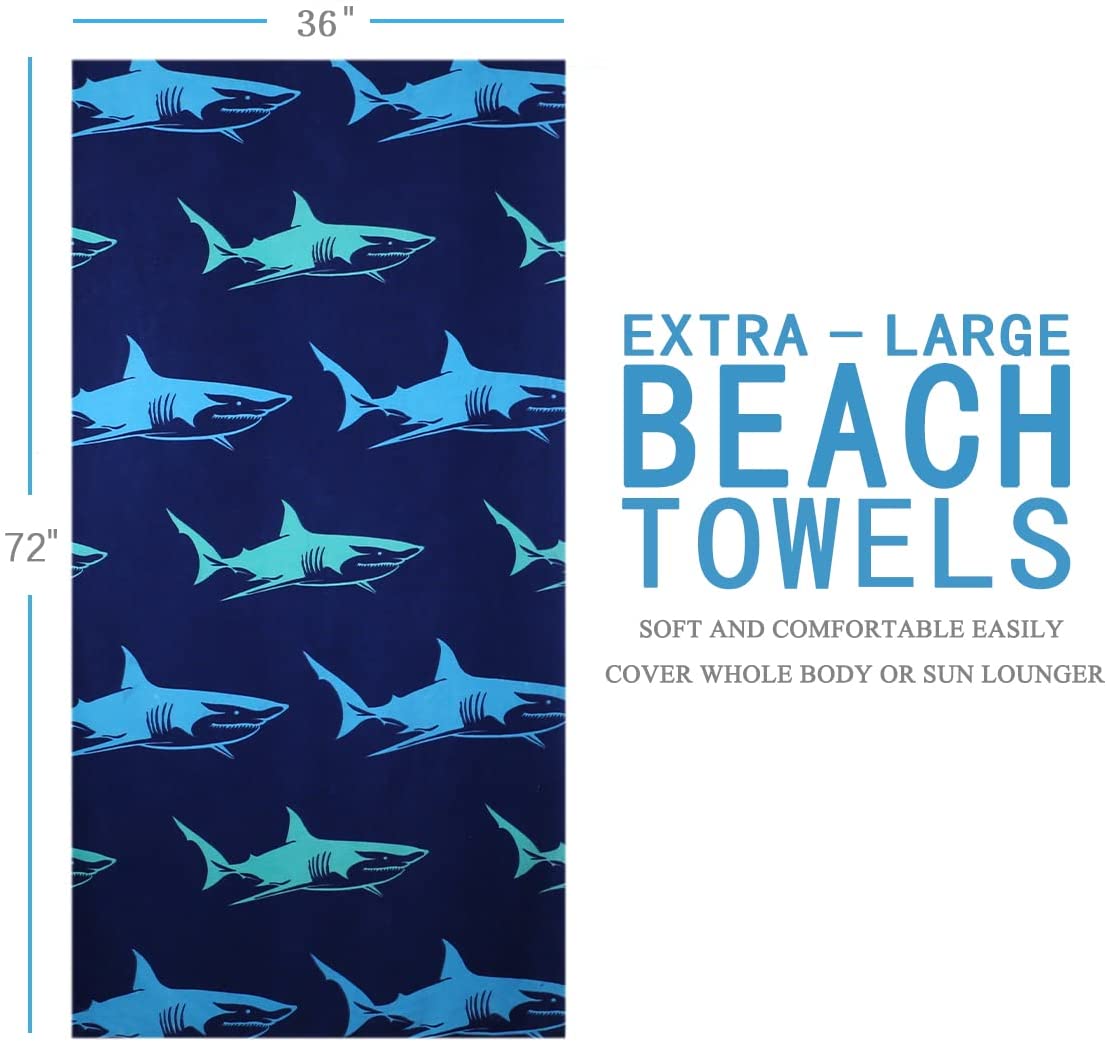 4 Packs Oversized Beach Towel Set, 36 x 72 in XL Extra Large Big Soft Pool Swim Travel Towels Blanket for Adult Women Men Camping Cruise Lounge Cover Gift Shark Turtle
