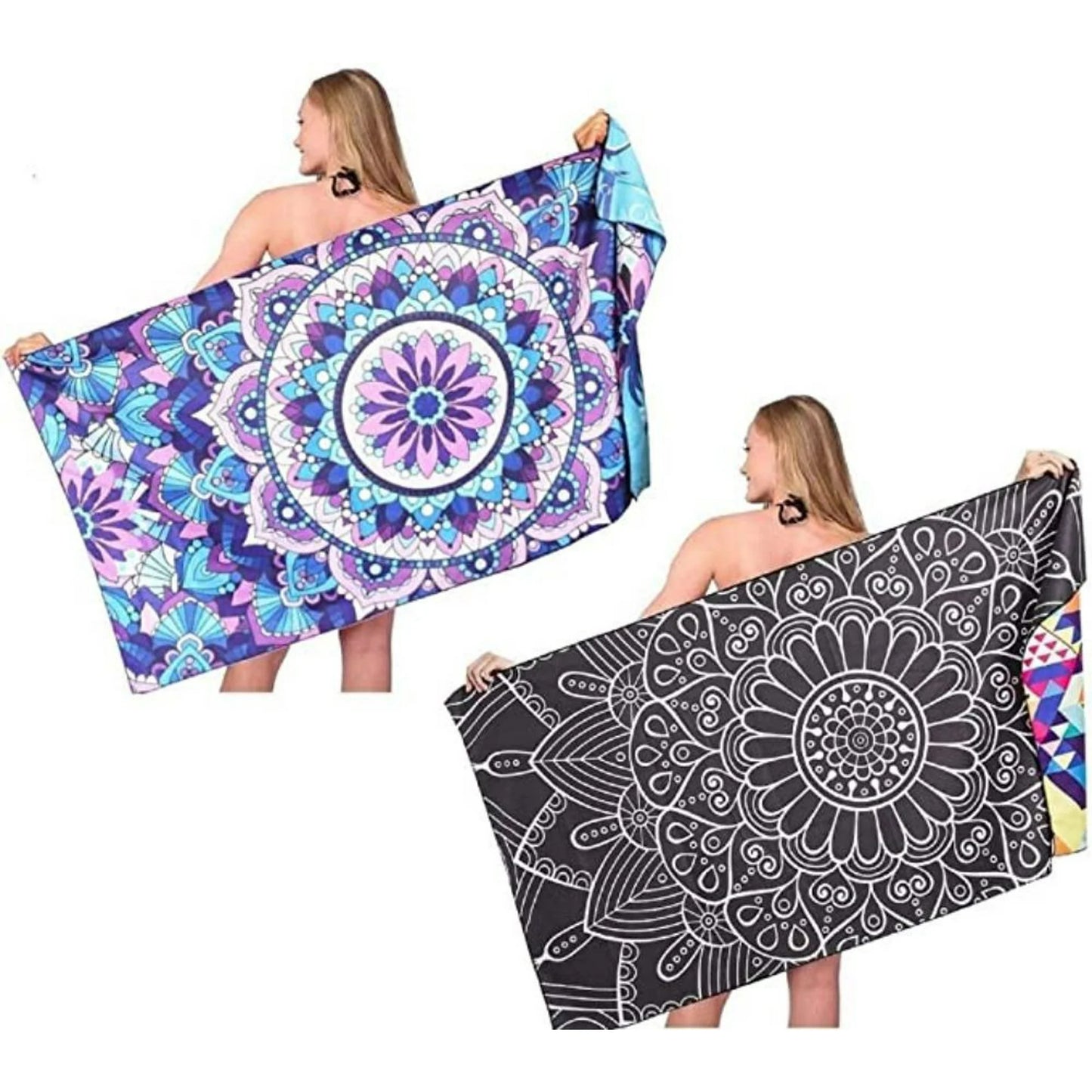 Fuklindy Microfiber Sand Free Beach Towel - 63" x 32" Oversized Quick Dry Travel Towels Super Absorbent Sandless Lightweight , Outdoor Extra Large Big Swim Towel for Adults Women Men - Black Mandala