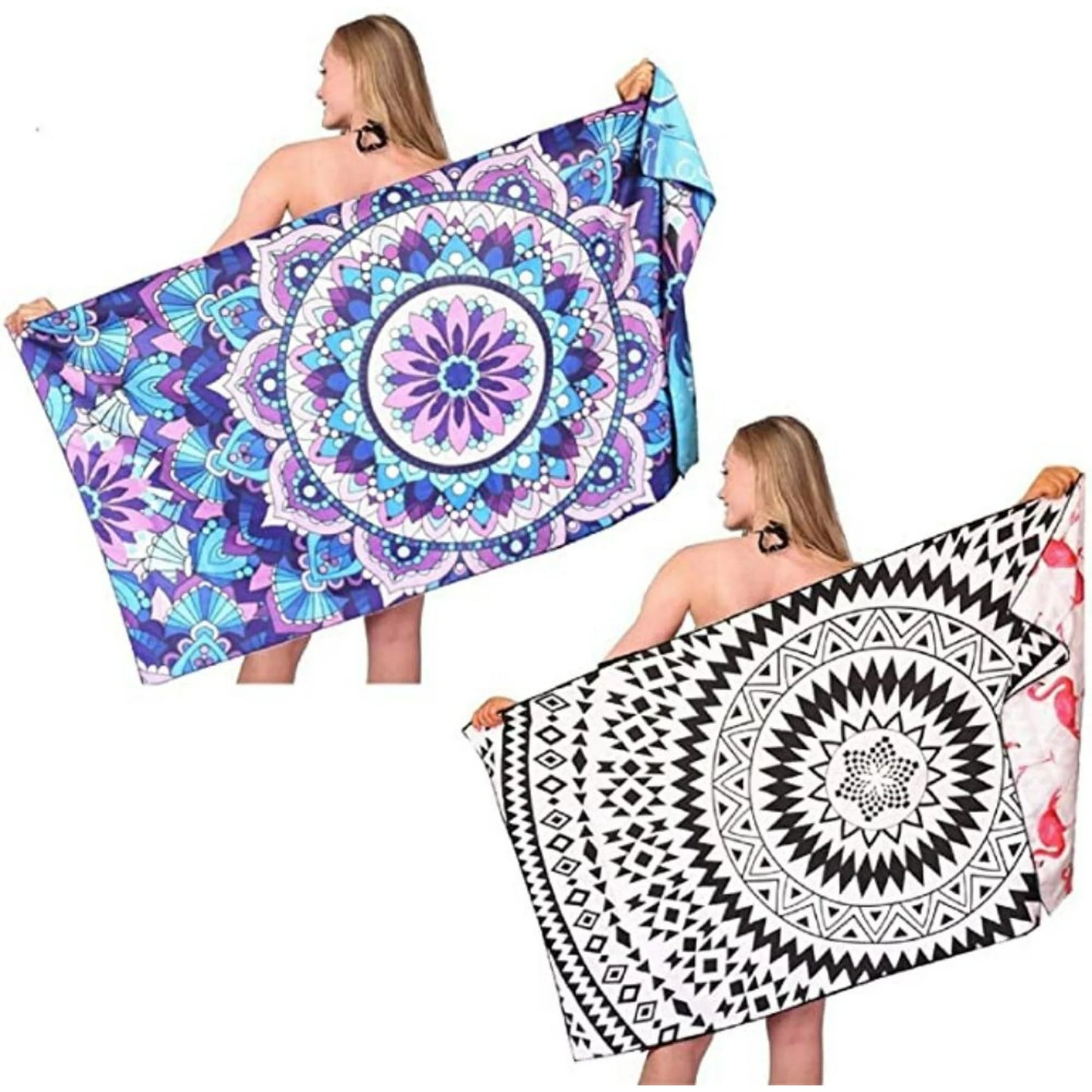 Fuklindy Microfiber Sand Free Beach Towel - 63" x 32" Oversized Quick Dry Travel Towels Super Absorbent Sandless Lightweight , Outdoor Extra Large Big Swim Towel for Adults Women Men - Black Mandala