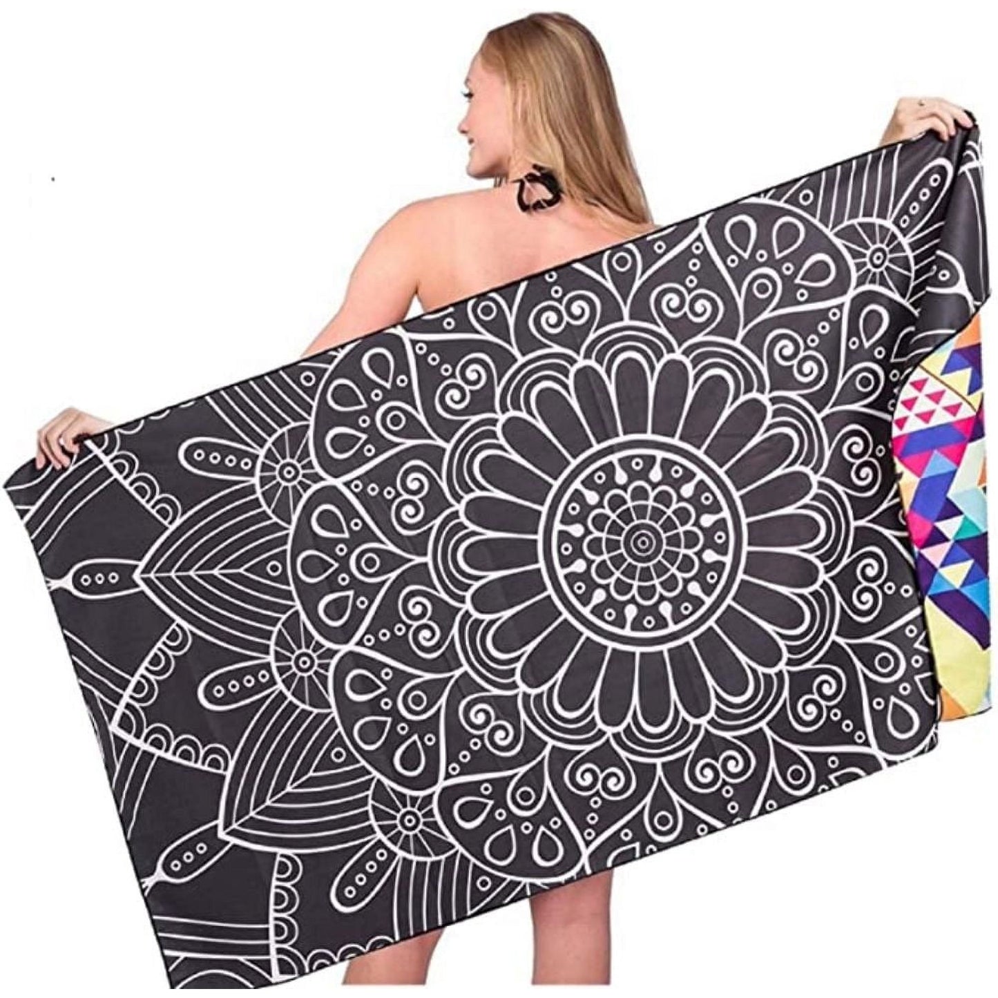 Fuklindy Microfiber Sand Free Beach Towel - 63" x 32" Oversized Quick Dry Travel Towels Super Absorbent Sandless Lightweight , Outdoor Extra Large Big Swim Towel for Adults Women Men - Black Mandala