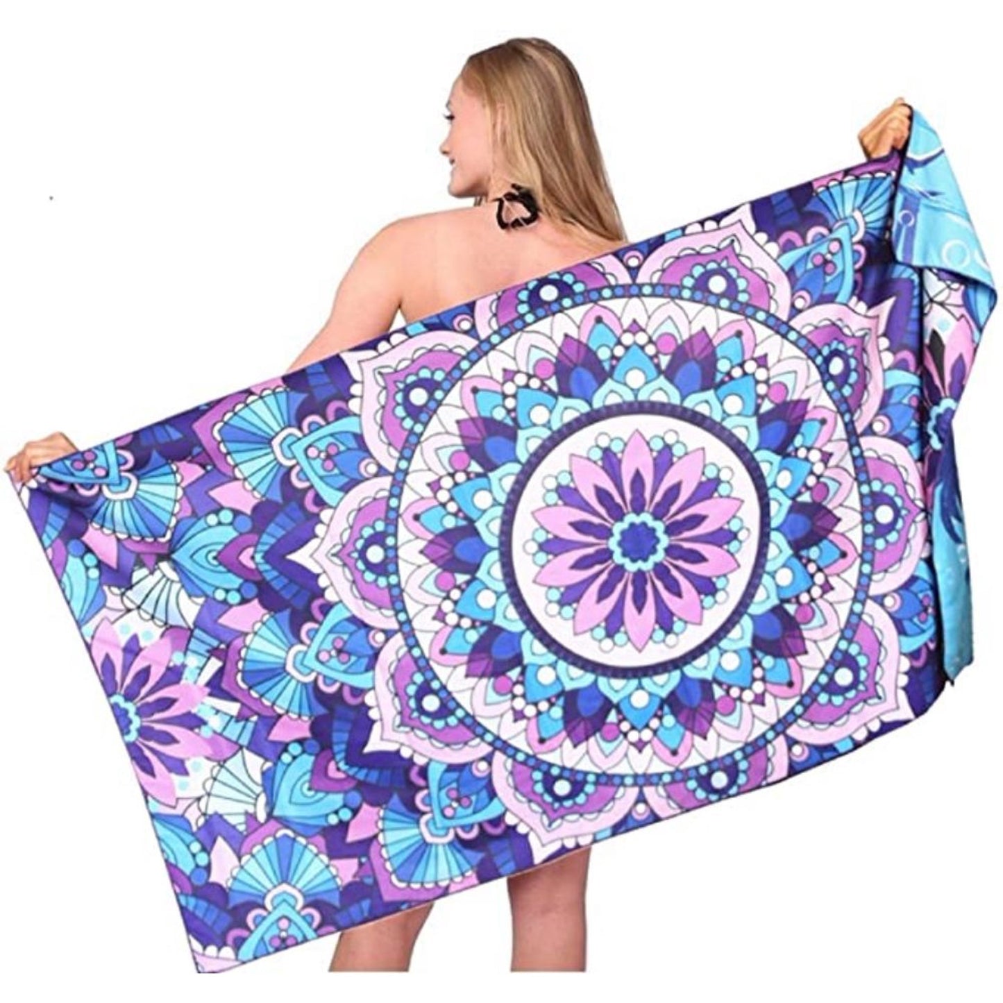 Fuklindy Microfiber Sand Free Beach Towel - 63" x 32" Oversized Quick Dry Travel Towels Super Absorbent Sandless Lightweight , Outdoor Extra Large Big Swim Towel for Adults Women Men - Black Mandala