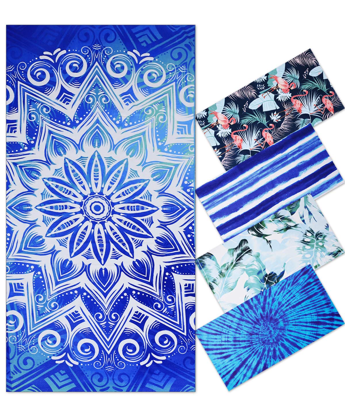 Fuklindy 74x36 Inches Oversized Microfiber Beach Towel for Adults Men Women, Extra Large Xl Big Giant Quick Fast Dry Travel Pool Stuff Blue Mandala Boho Bohemian